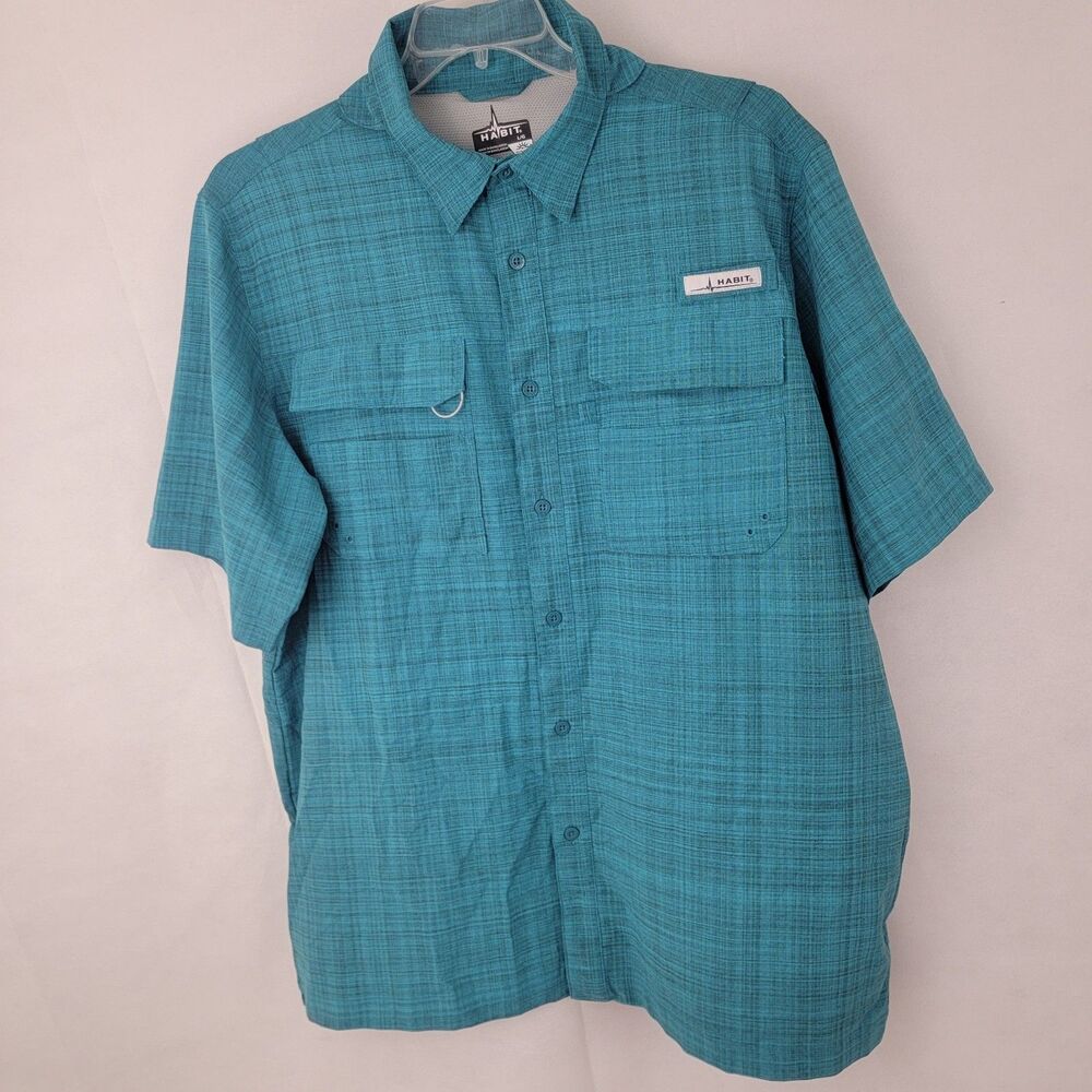 HABIT Mens Shirt Sz L Short Sleeve Vented Fishing BLUE Lightweight Button UPF 40